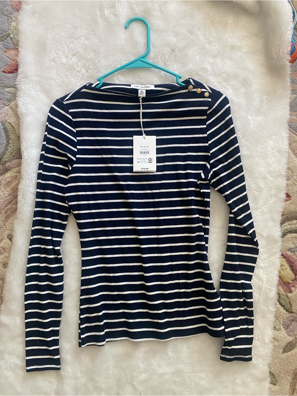 Free Assembly Navy & White Striped Ribbed Long-Sleeve Top Women’s Size XS New